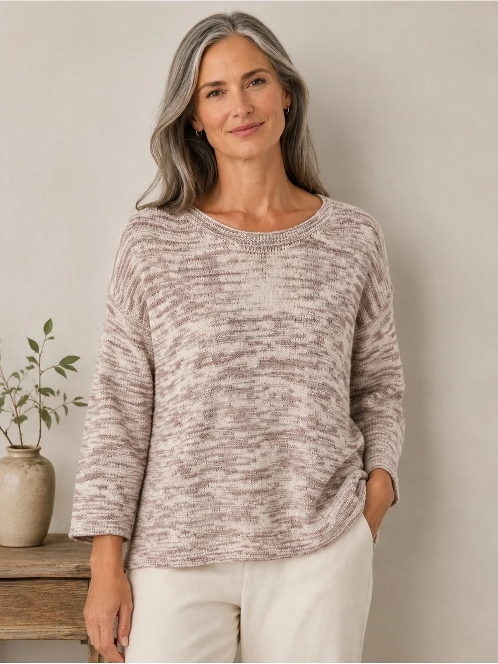 J. Jill Pure Jill Marled Knit Sweater Tunic Top Taupe Cream Size Large